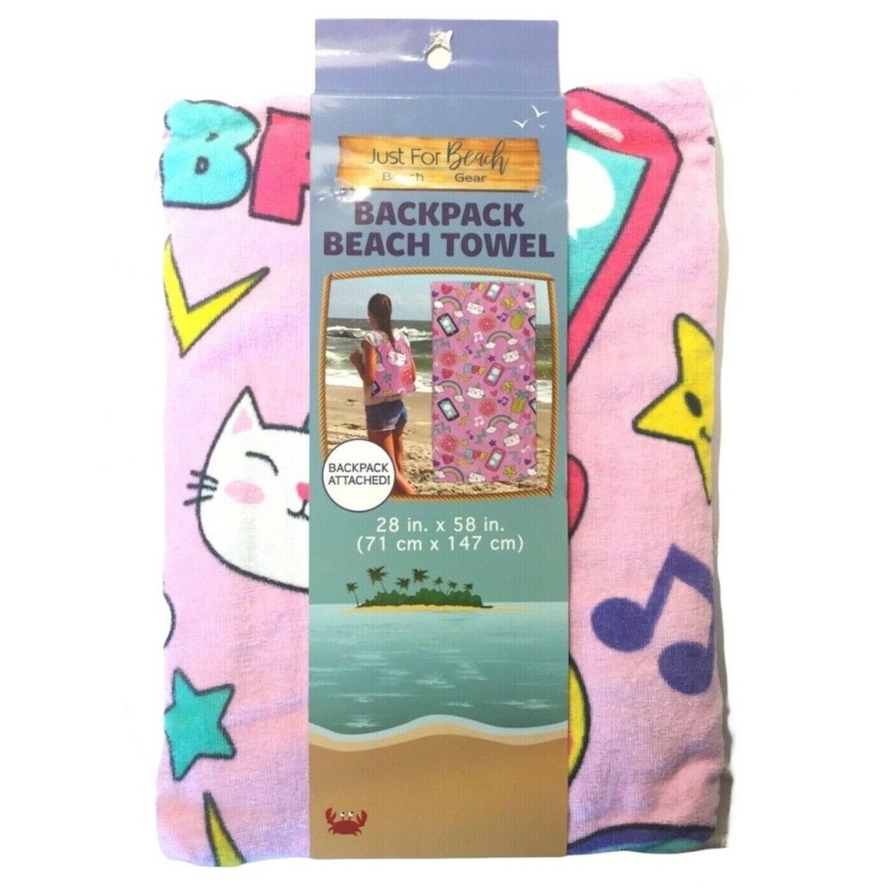 Backpack Bath Beach Towel - Summer Fun BFF Cat Rainbow Fun Super Soft Absorbe